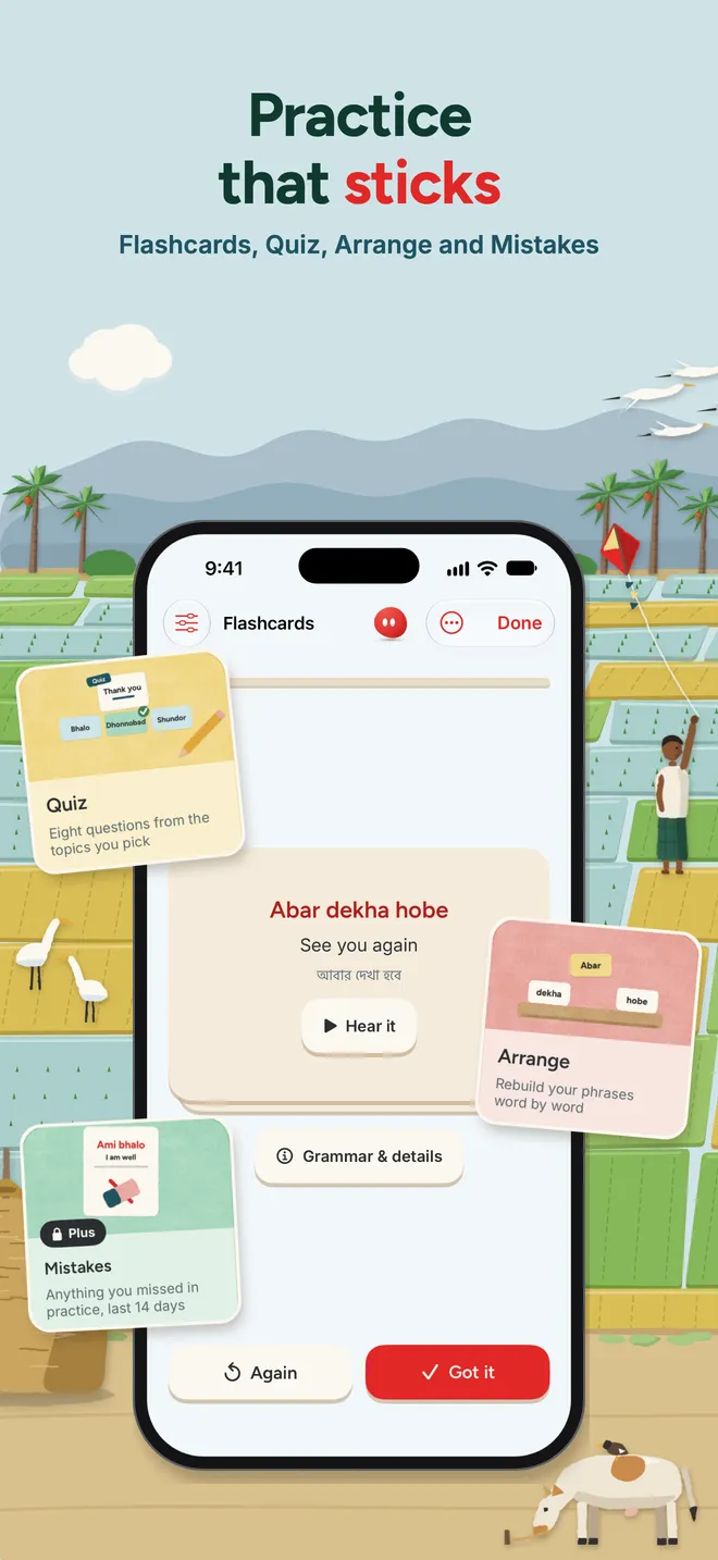 Practice that sticks: flashcards, quiz, arrange and mistakes